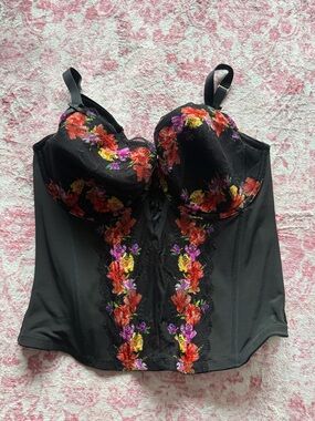 Cacique Black Floral Lace-Trim Bustier Camisole